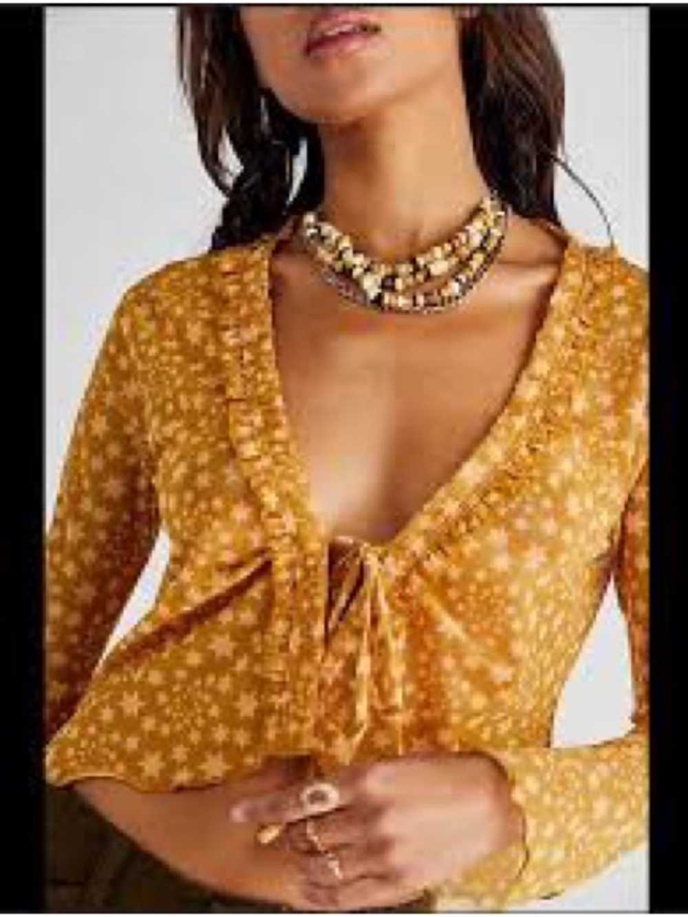 Free People Mustard Star Print Tie-Front V-Neck Women's Top